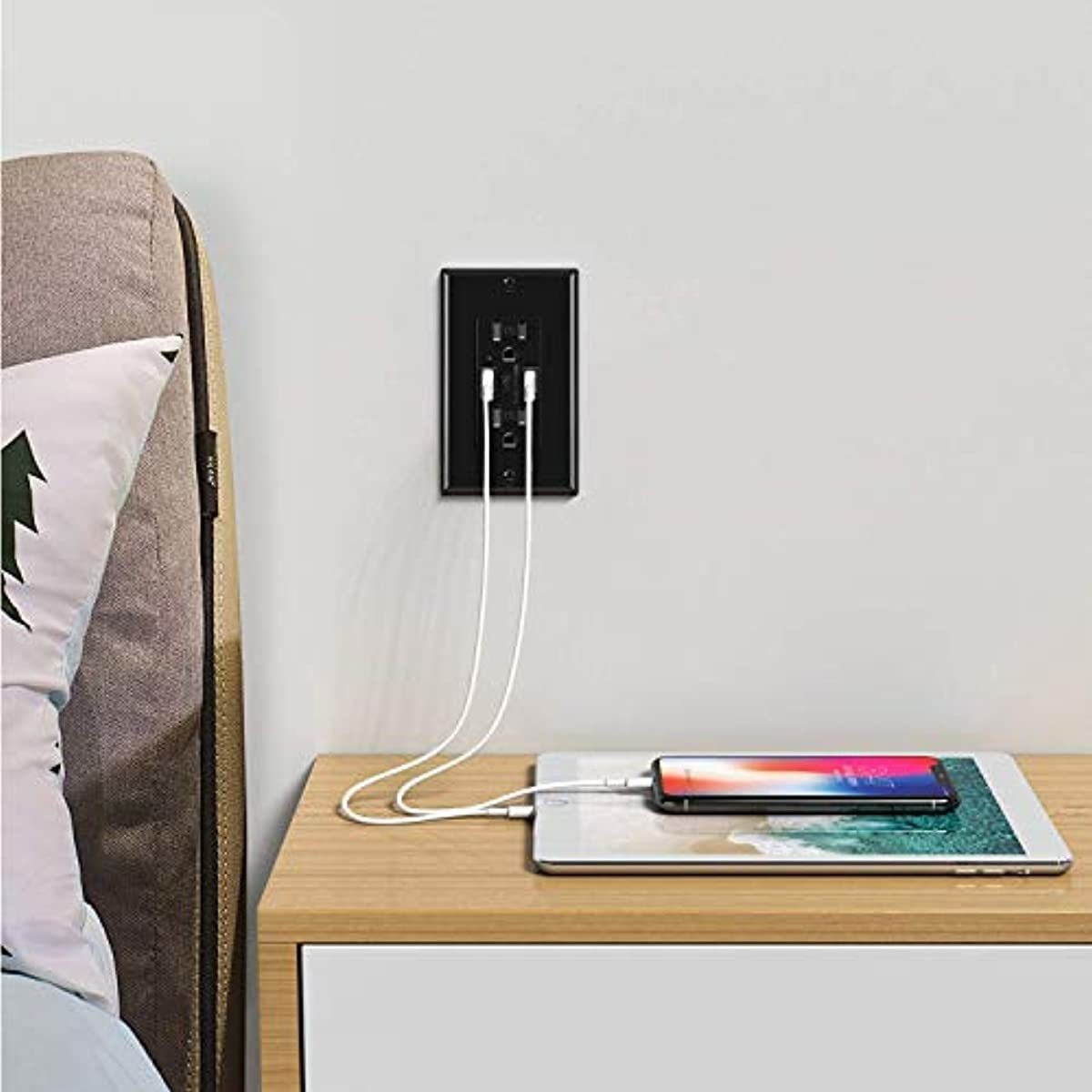 [2 Pack] BESTTEN 4.2A USB Wall Receptacle with 15A Tamper Resistant Outlets, Smart USB Wall Charger with Dual USB Charging Ports, UL Listed, Black