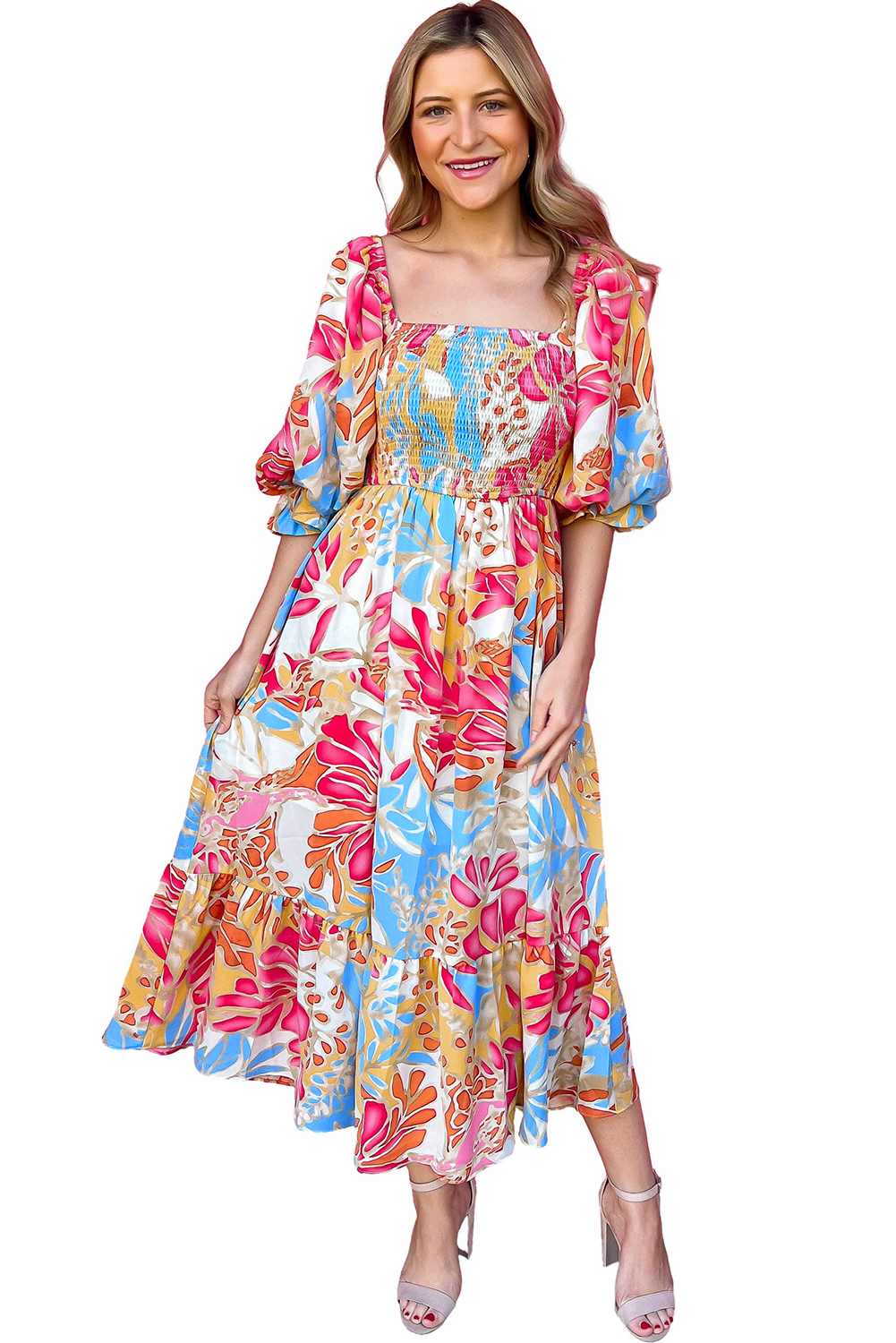 Multicolor Boho Floral Collared Long Sleeve Dress