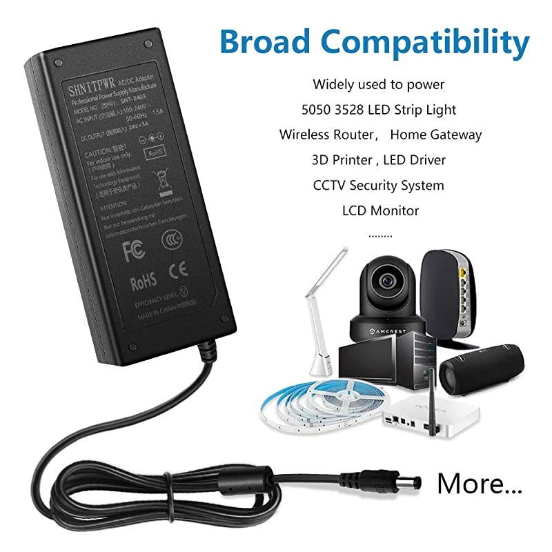 24V Power Supply Adapter 24 Volt 3A 72W AC DC Converter Pack of 2 100V~240V AC to DC 24V 3amp Transformer LED Driver with 55x25mm Plug for LED Strip Light 3D Printer LCD Monitor DC Motor