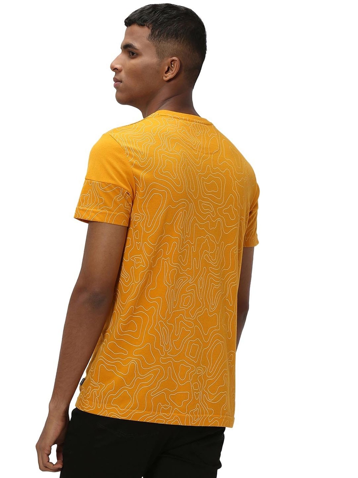 Mufti Mustard Slim Fit Printed Cotton Crew T-Shirt