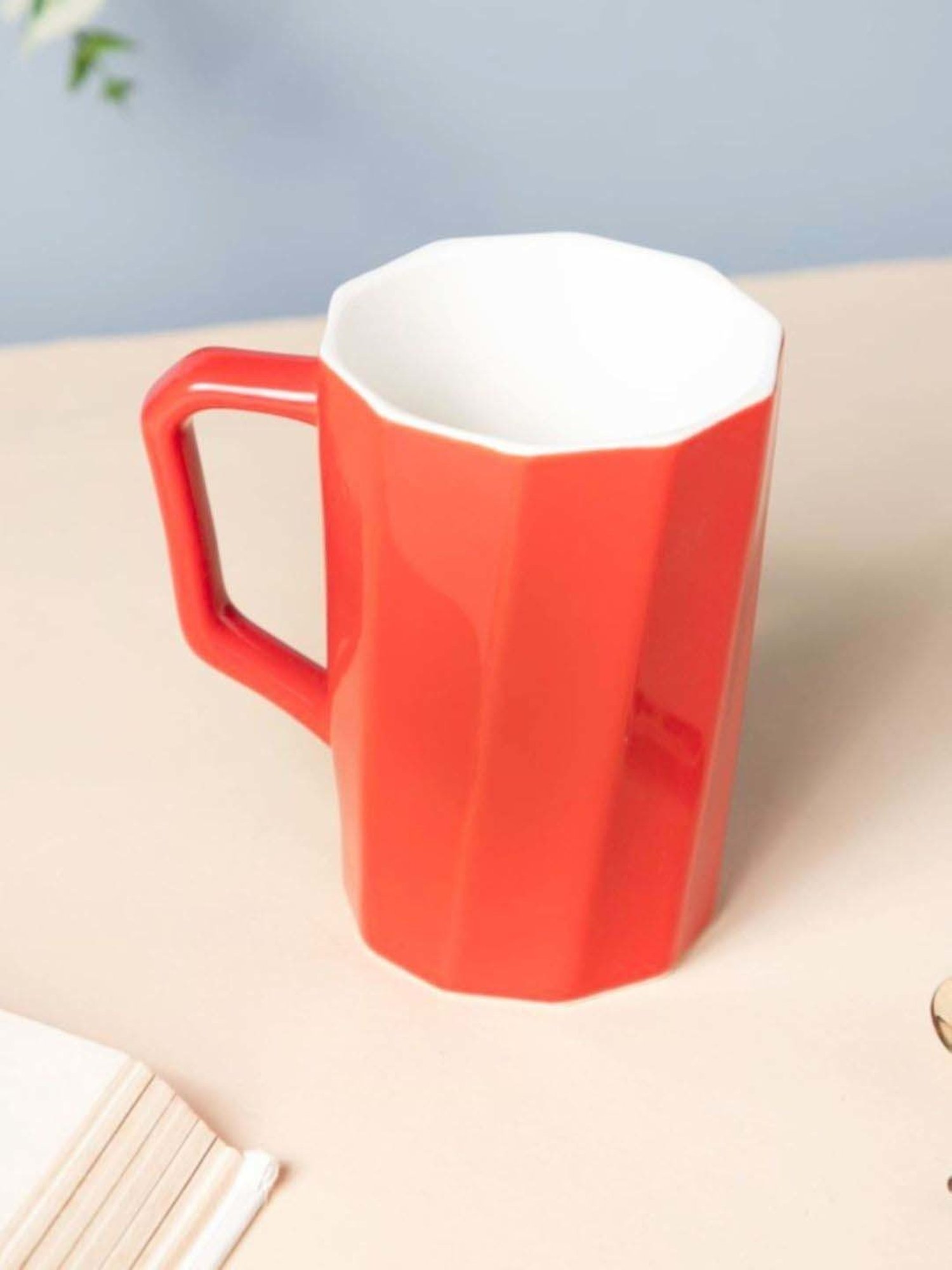 Nestasia Premium Quality Microwave Safe Carmine Red & White Ribbed Ceramic Mug, 350ml