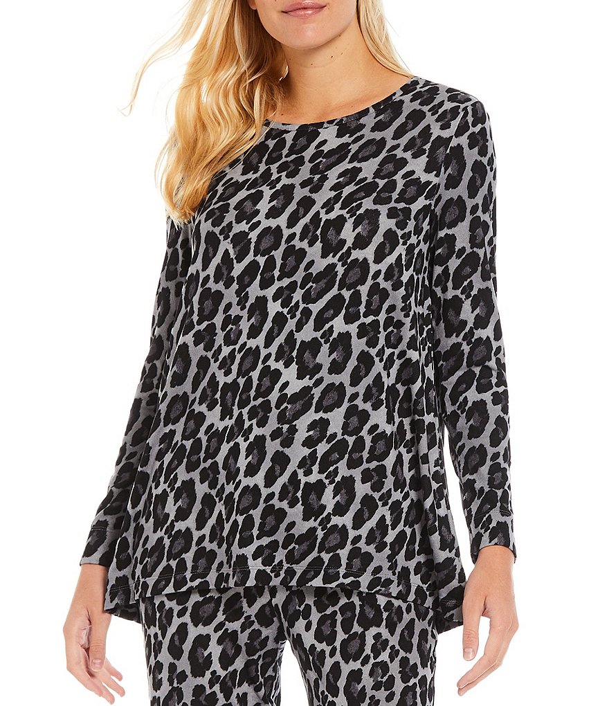 Natori Mirage Ombre Animal Print Knit Round Neck Long Sleeve Lounge Top