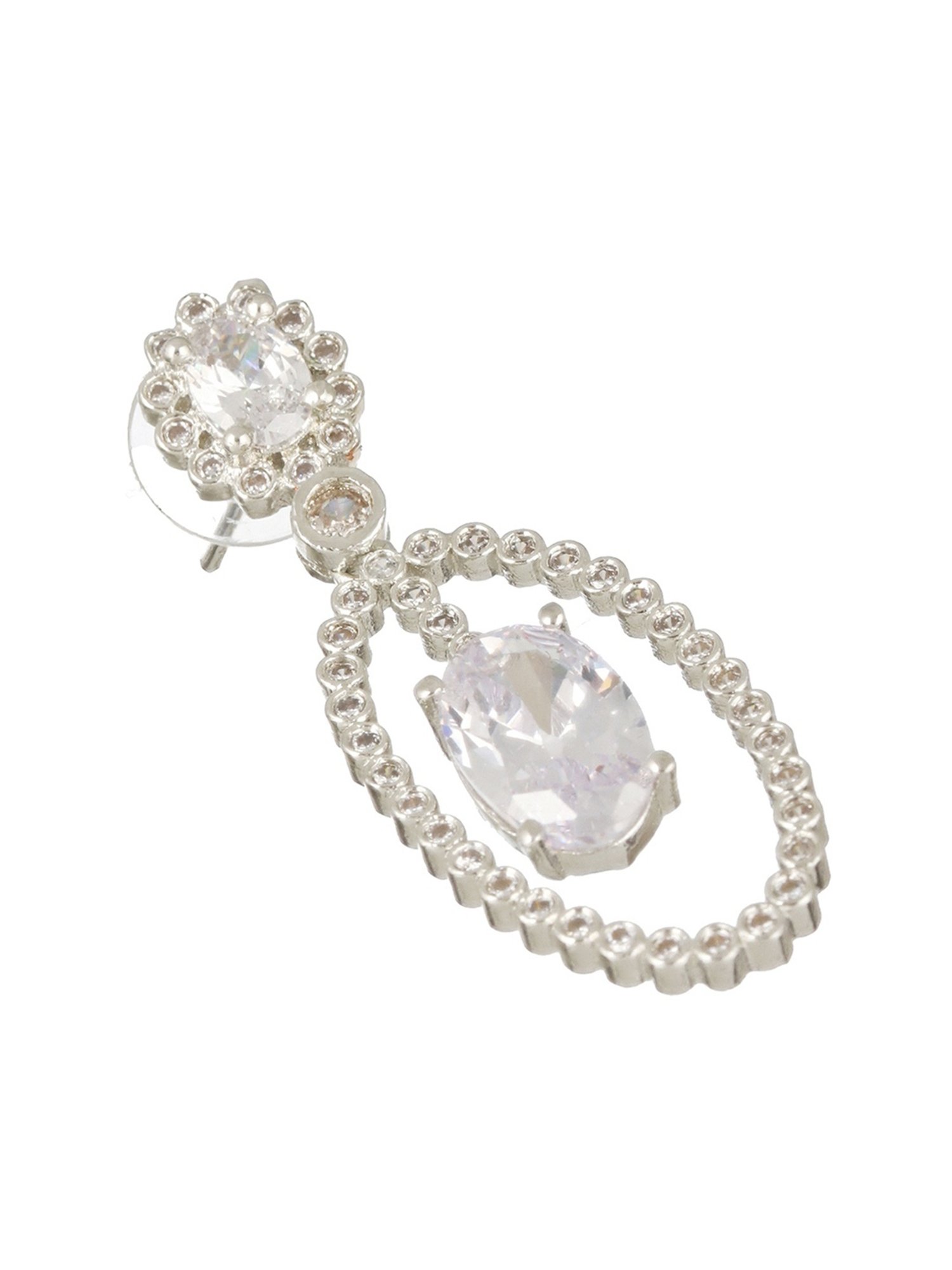 Priyaasi White Floral Oval Stone Studded Silver-Plated Drop Earrings