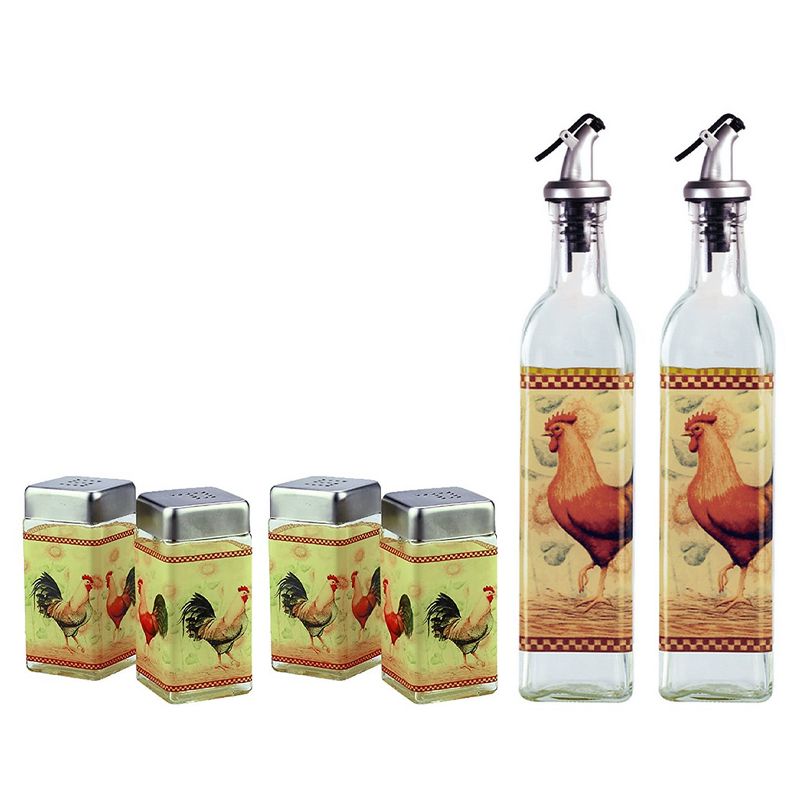 Grant Howard 2 4-Ounce Capacity Hand Painted Modern Square Salt & Pepper Shaker Set and 2 16-Ounces Oil & Vinegar Bottles