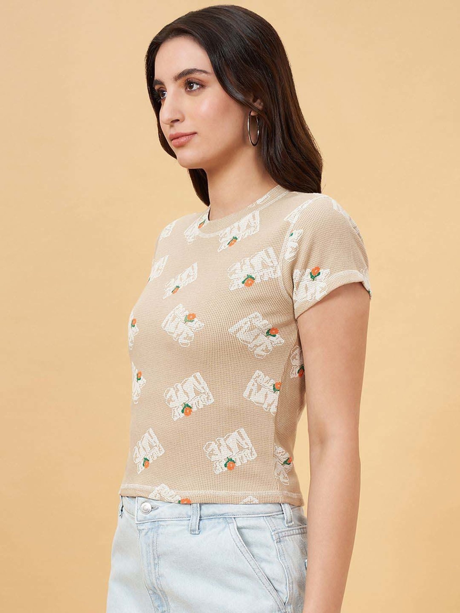 People by Pantaloons Khaki Printed T-Shirt