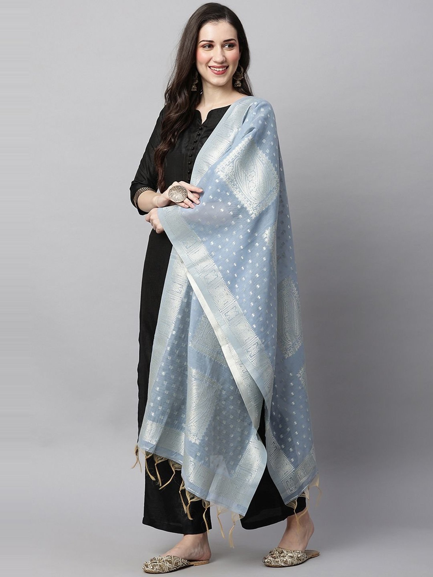 Indo Era Blue Woven Pattern Dupatta