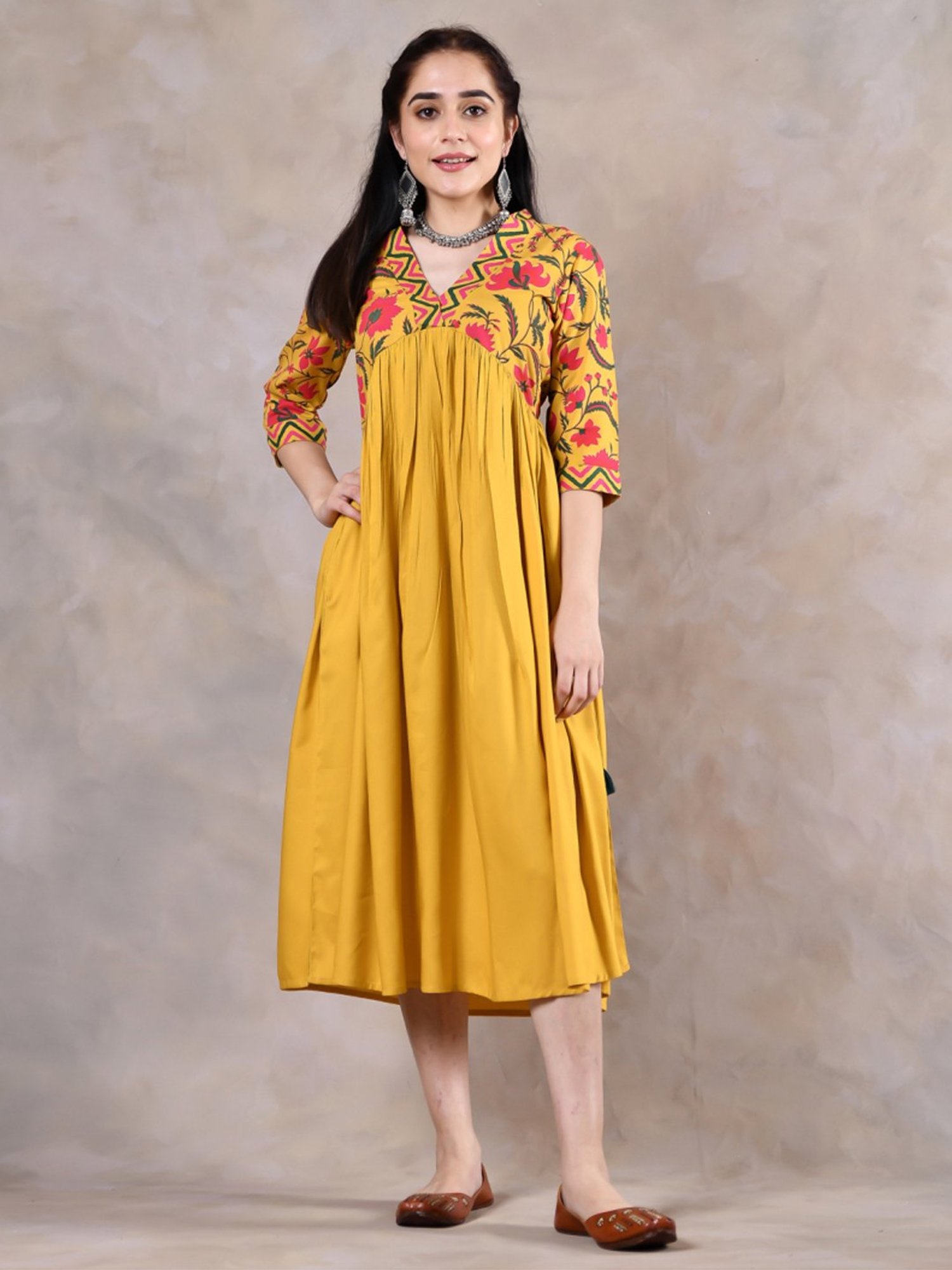 Rustorange Yellow Printed A-Line Dress