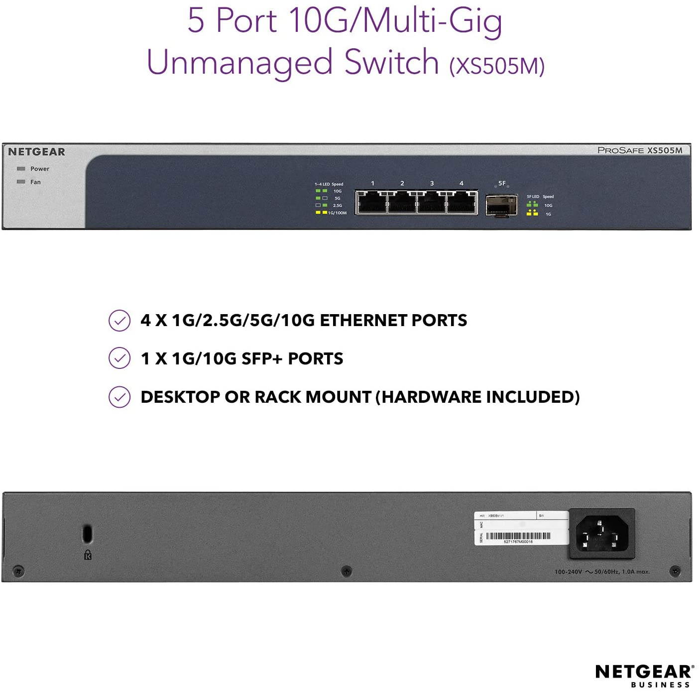 NETGEAR 5-Port 10G Multi-Gigabit Ethernet Unmanaged Switch (XS505M) - with 1 x 10G SFP+, Desktop/Rackmount, and ProSAFE Limited Lifetime Protection