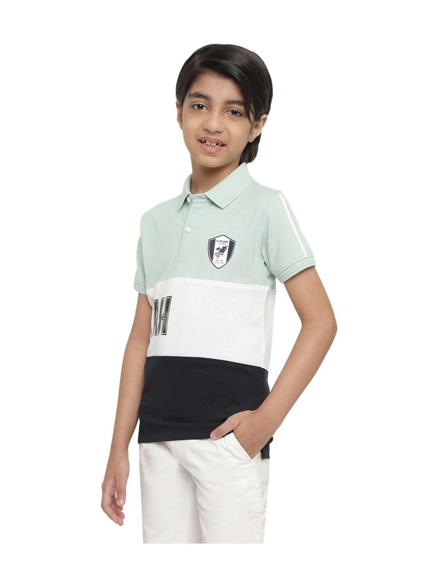 Octave Kids Dusty Mint & White Cotton Color Block Polo T-Shirt
