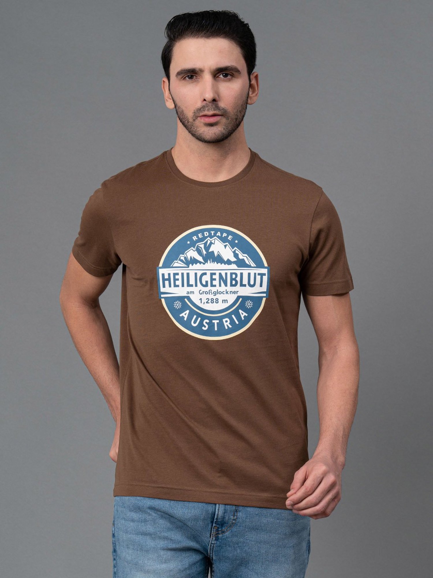 Red Tape Brown Regular Fit Graphic Print Cotton Crew T-Shirt