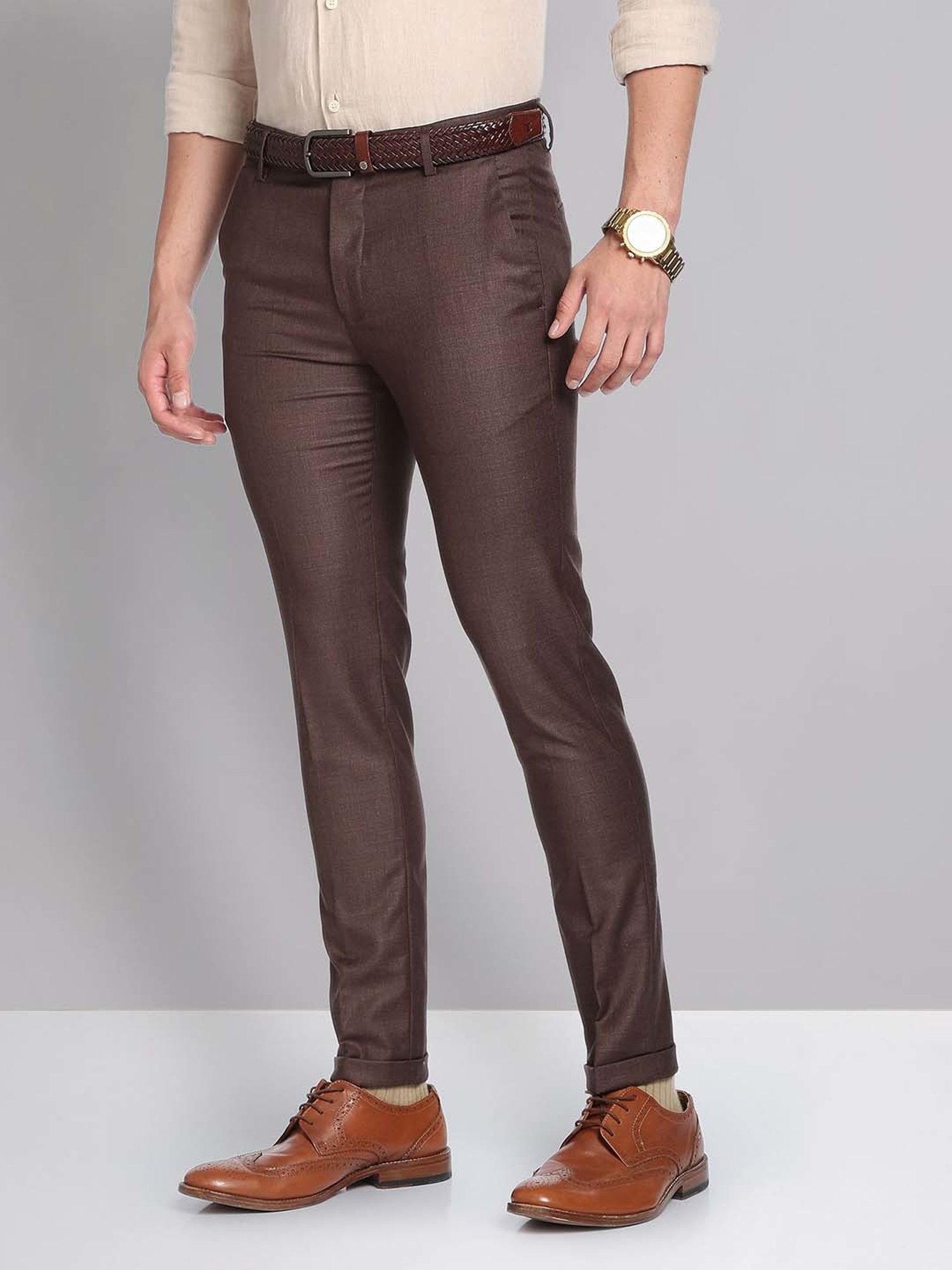 AD by Arvind Dark Brown Slim Fit Flat Front Trousers