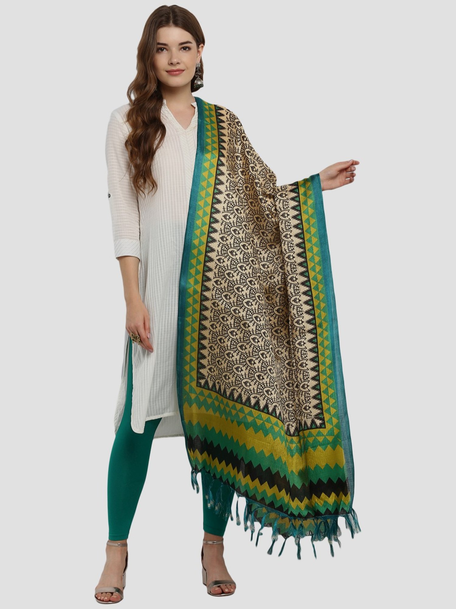 Saree Mall Beige & Green Printed Dupatta