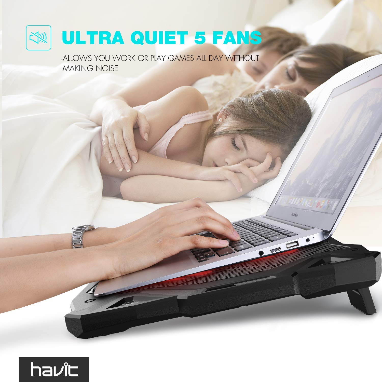 HAVIT 5 Fans Laptop Cooling Pad for 14-17 Inch Laptop, Cooler Pad with LED Light, Dual USB 2.0 Ports, Adjustable Mount Stand (Black)