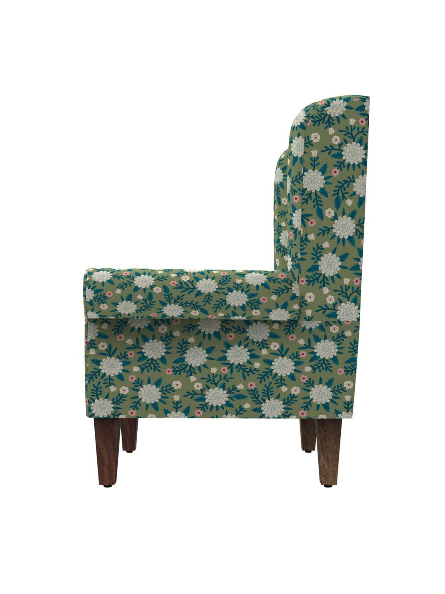 Chumbak Spring Marigold Floral Green Sheesham Wood Begum Wing Chair