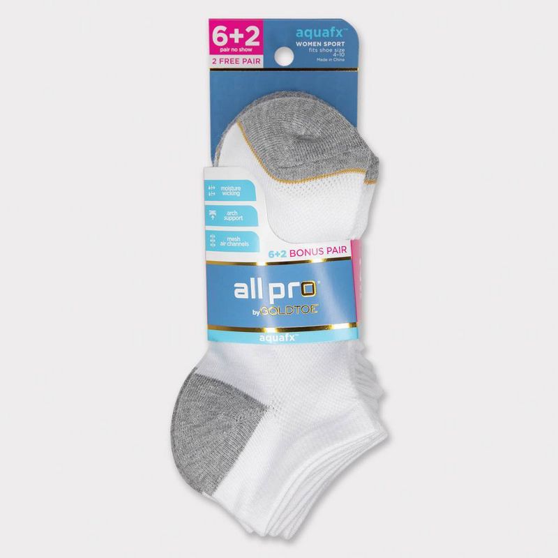 All Pro Women's Aqua FX Cushioned 6+2 Bonus Pack No Show Athletic Socks - White/Gray 4-10