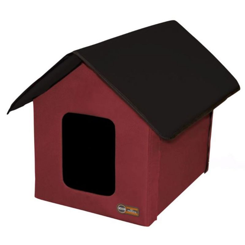 K&H Pet Products 3994 Thermo Outdoor Water Resistant Safe Escape Heated Kitty House with 2 Door Flaps For Feral and Outdoor Cats, Barn Red, Black