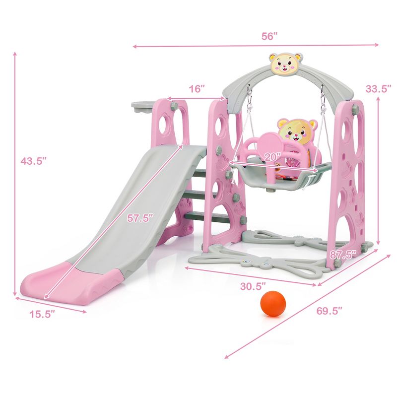 Costway 4-in-1 Toddler Climber and Swing Set w/ Basketball Hoop & Ball Pink
