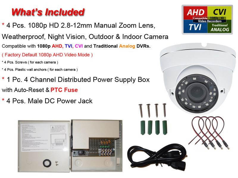 Evertech 1080P HD Day Night Vision Outdoor Indoor Dome CCTV Security Camera with 12V DC Power Supply Box