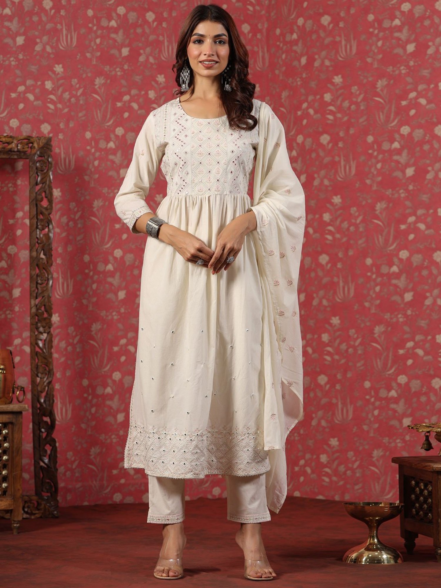 READIPRINT FASHIONS Beige Cotton Embroidered Kurta Pant Set With Dupatta