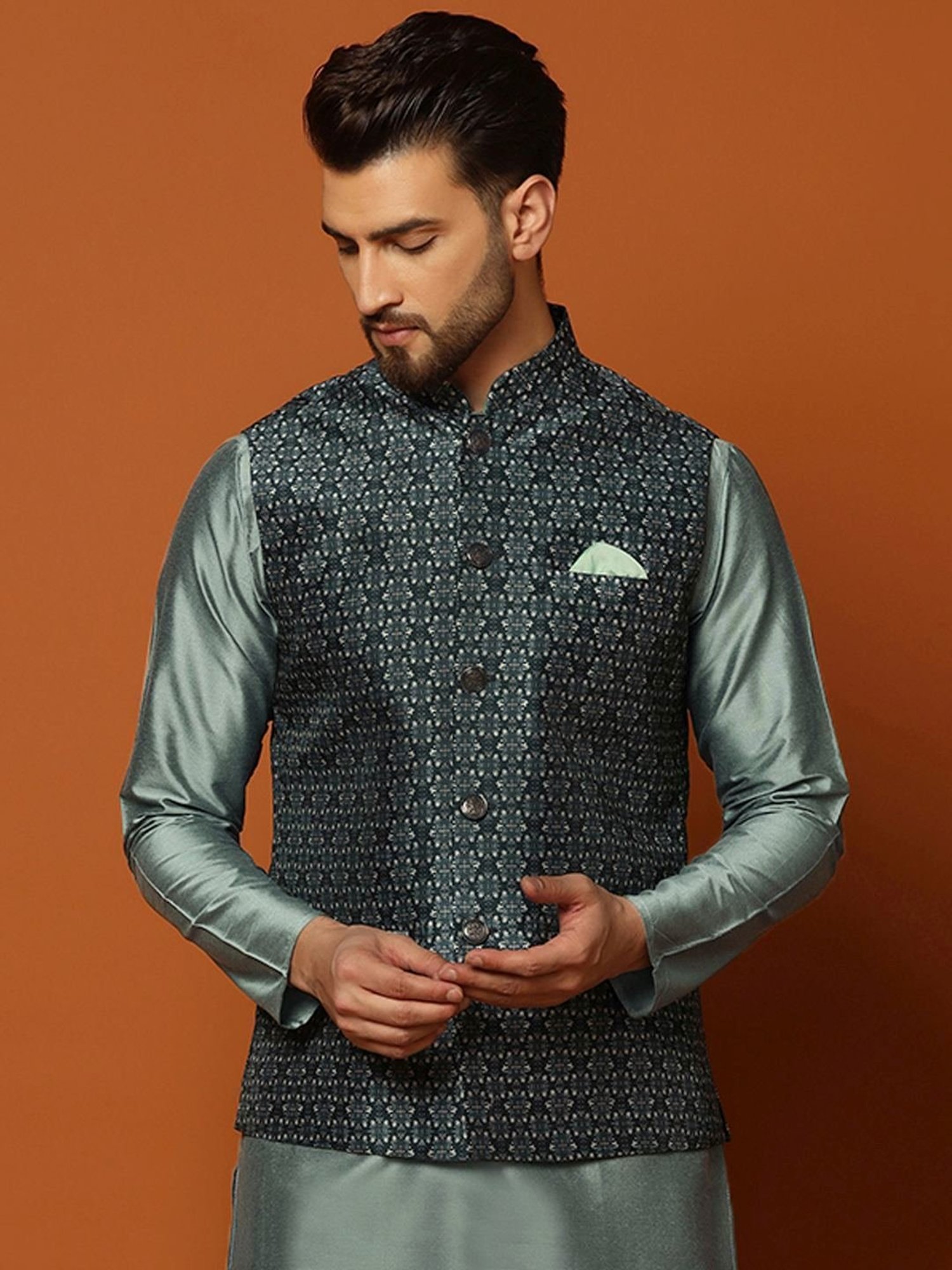 KISAH Teal Blue Regular Fit Self Pattern Nehru Jacket