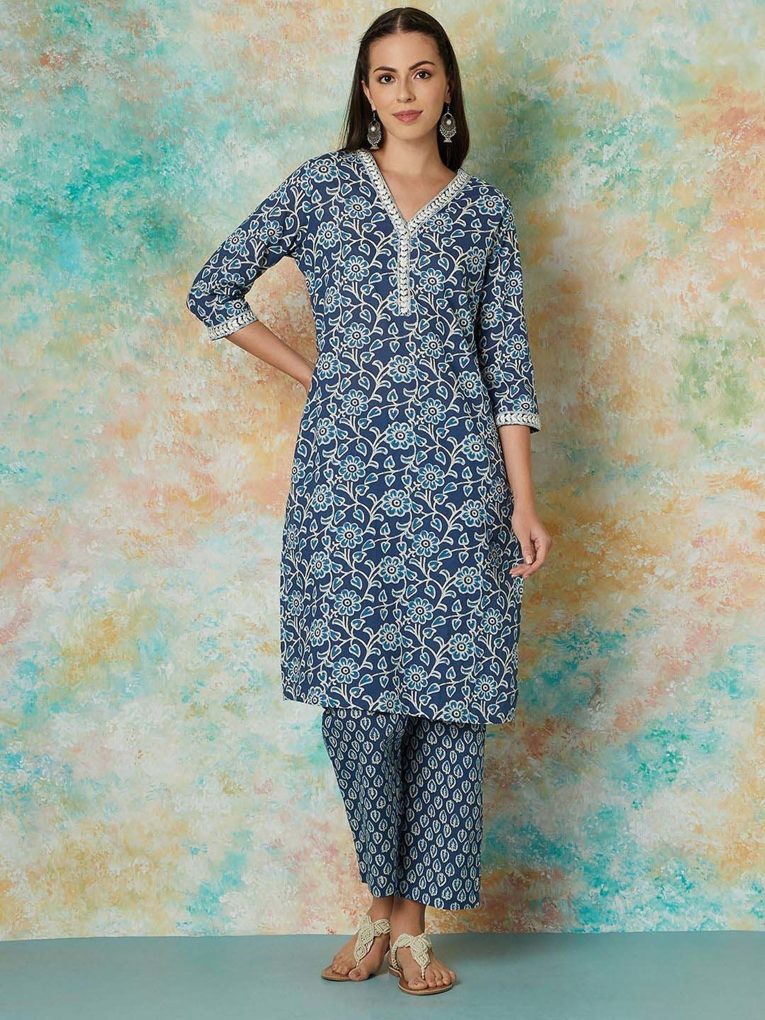 Melange by Lifestyle Blue Cotton Printed Kurta & Pant Set