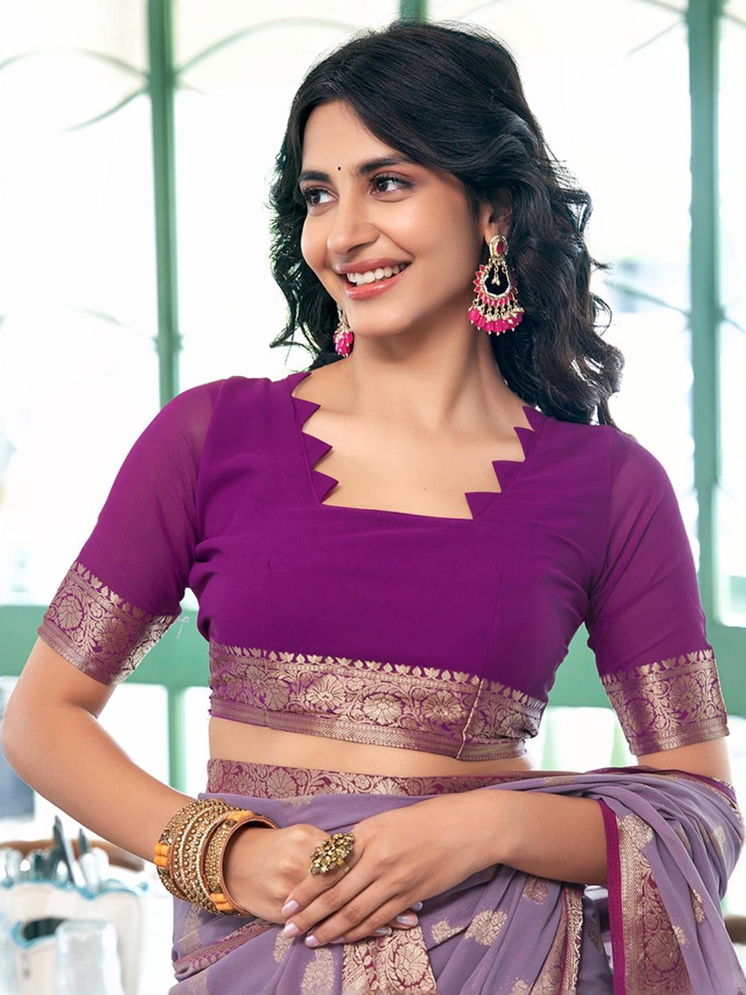 Satrani Purple Woven Saree With Unstitched Blouse