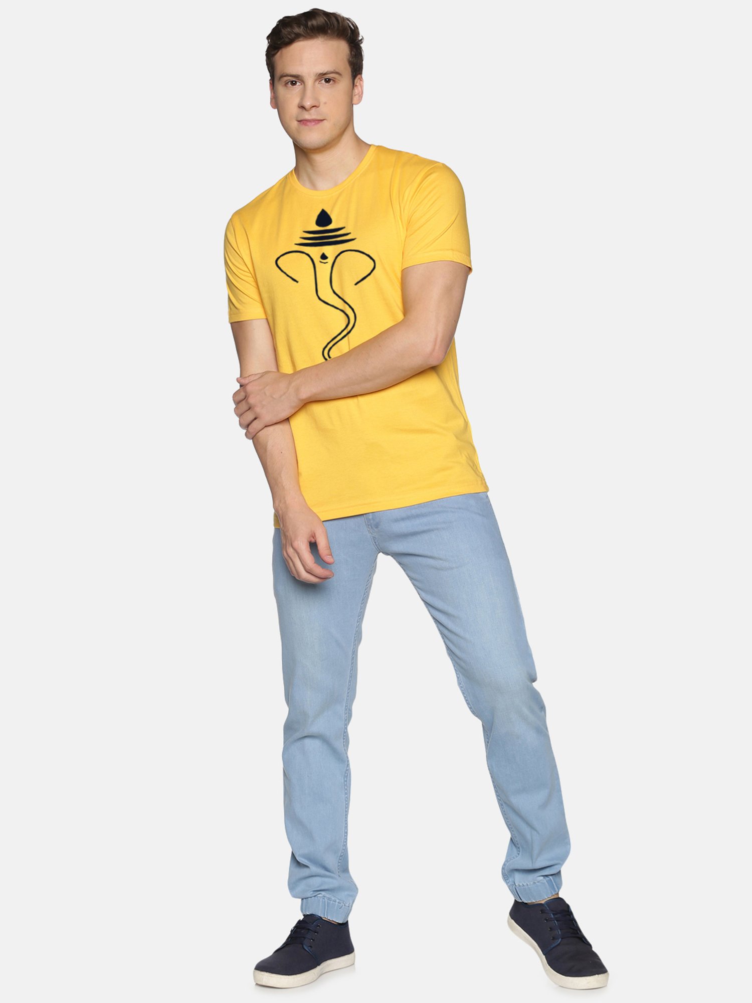 BLACK RADIO Yellow Slim Fit Printed Cotton Crew T-Shirt