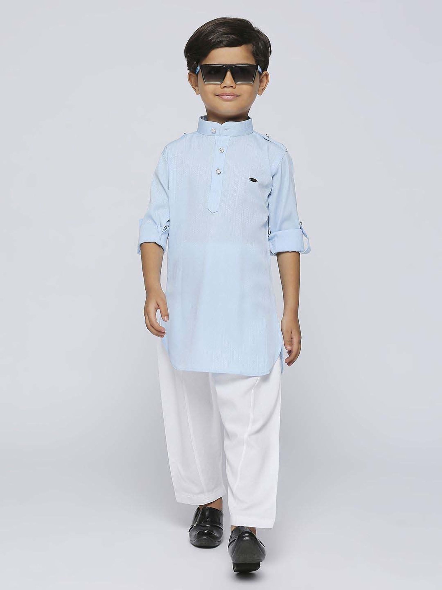 Kids Island Boys Blue Cotton Solid Full Sleeves Kurta Set