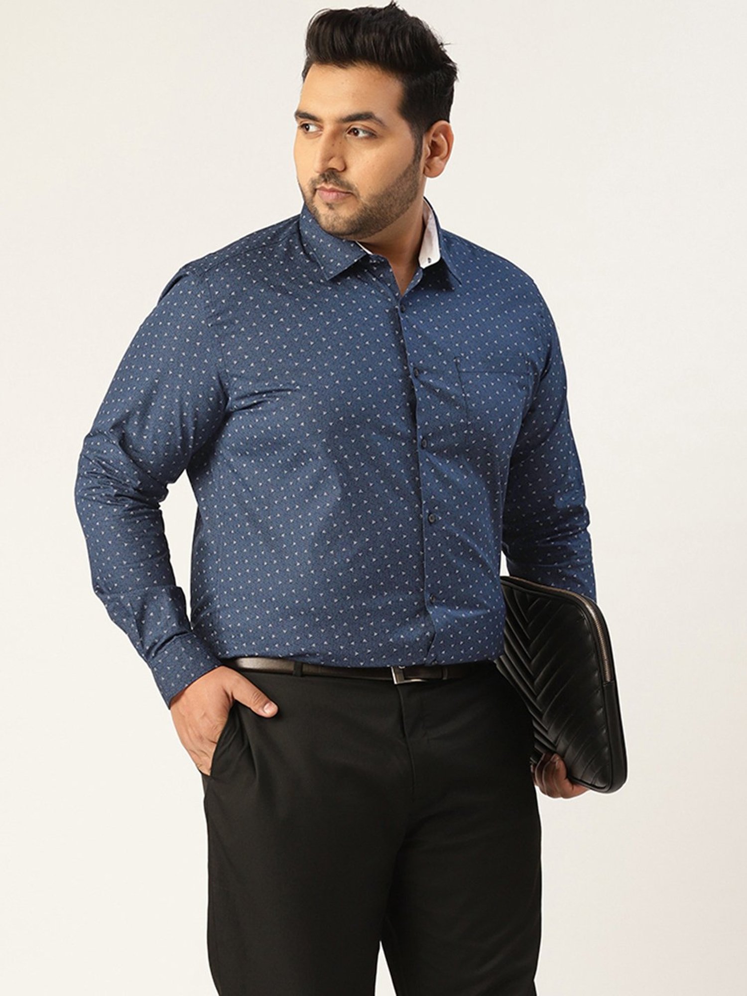 IVOC Plus Navy Regular Fit Printed Plus Size Cotton Shirt