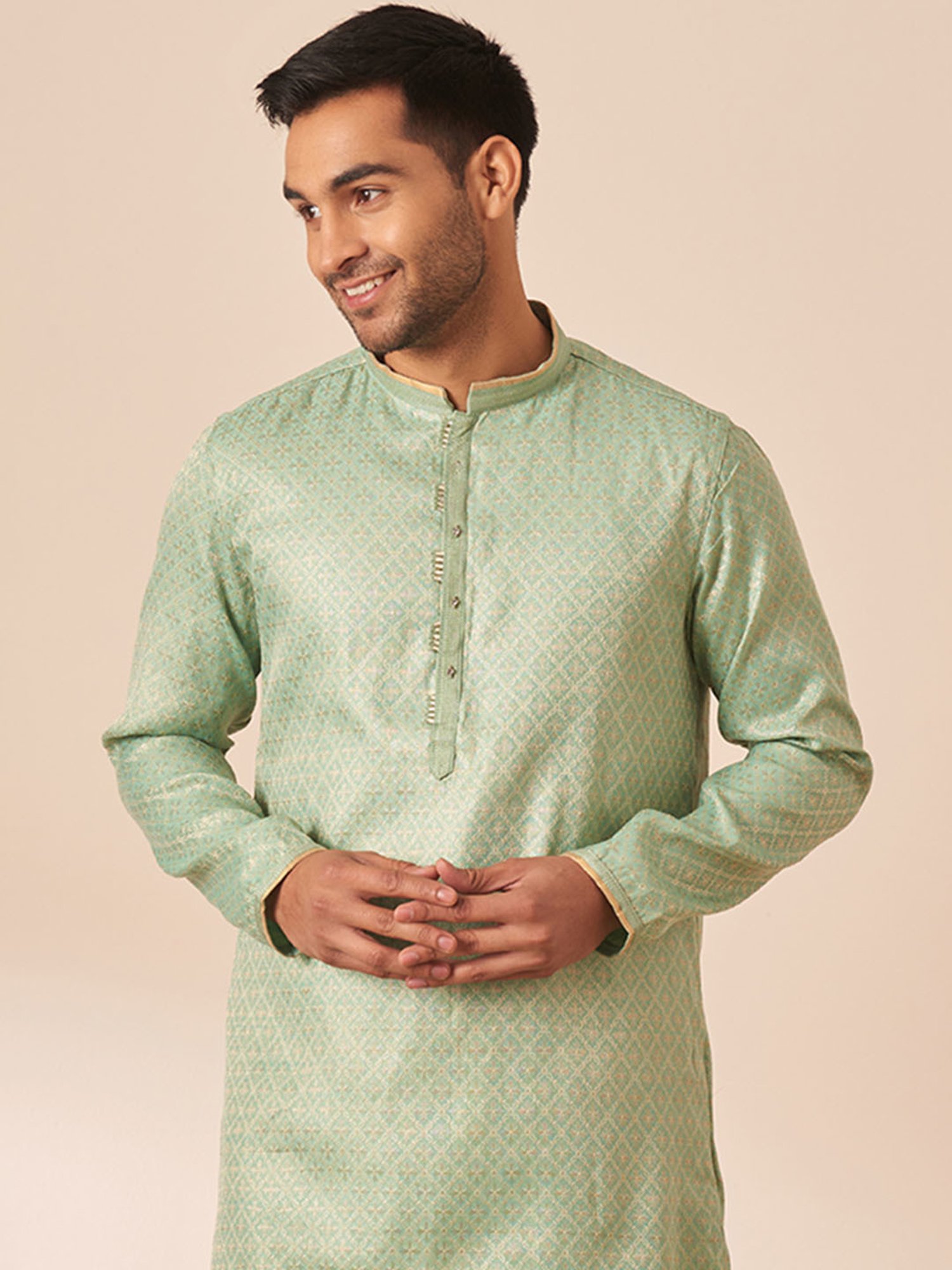 Manyavar Light Green & Gold Regular Fit Self Design Kurta & Pyjamas Set