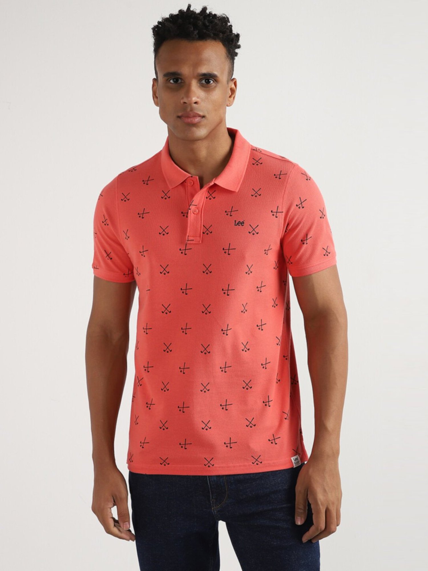 Lee Shiny Pink Cotton Slim Fit Printed Polo T-Shirt