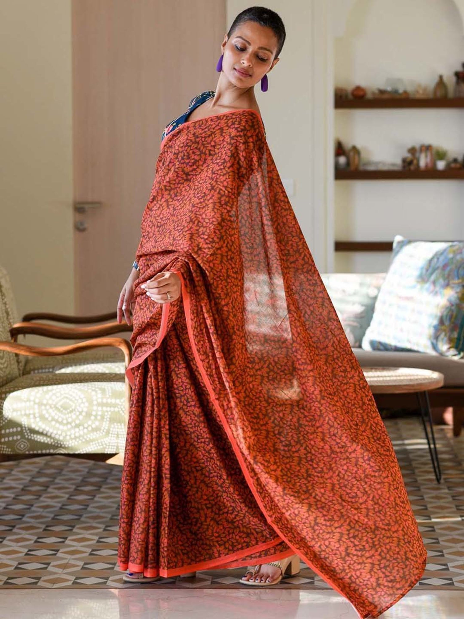 Suta Orange Pure Cotton Printed Saree