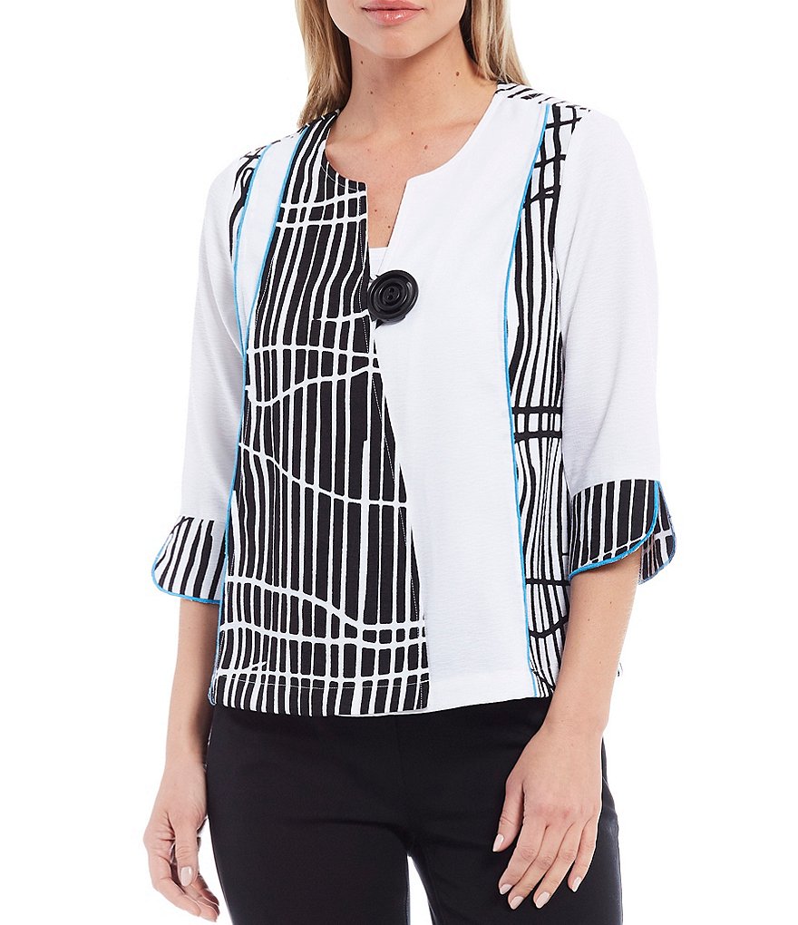 Multiples Petite Size Geo Print 3/4 Cuffed Sleeve One-Button Front Woven Jacket