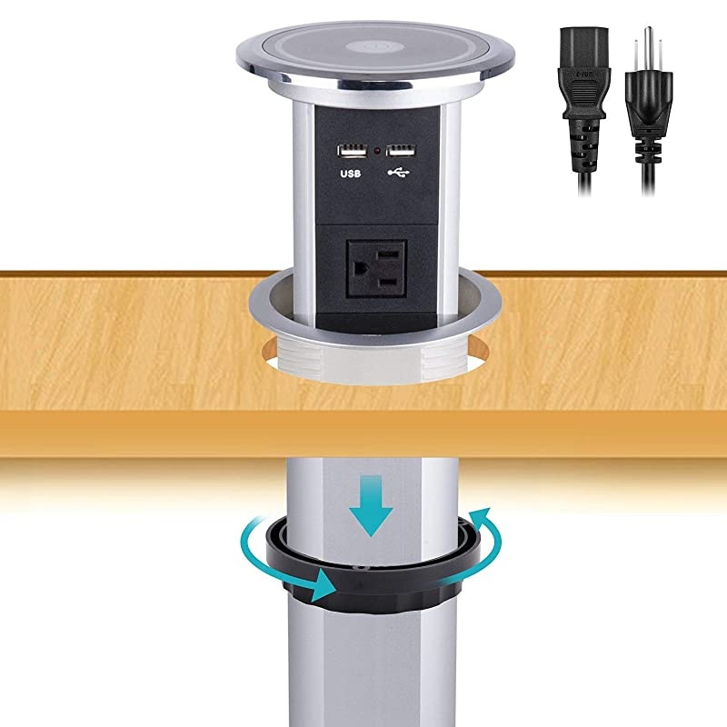 Intelligent Motorised Pop Up Socket Surge Protector Power Strip Retractable Power Strip with Dual USB Charging Stations for Kitchen Counter, Conference Room (White)