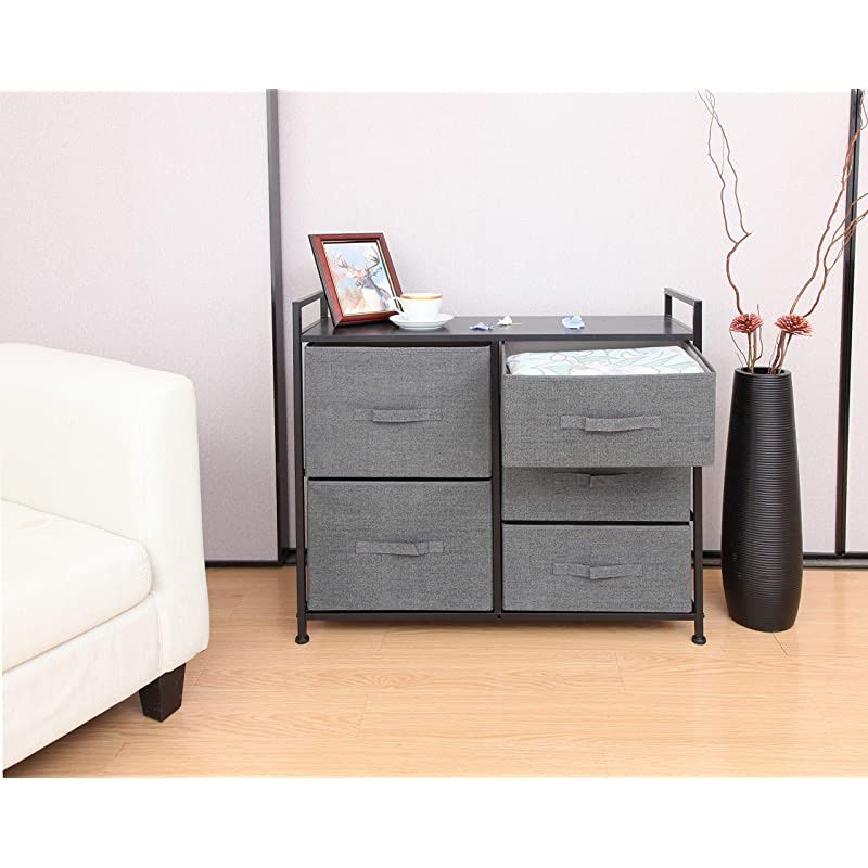 Storage Cube Dresser Organizer for Closet Nursery Bathroom Laundry or Bedroom 5 Fabric Drawers Solid Wood Top Durable Steel Frame Charcoal