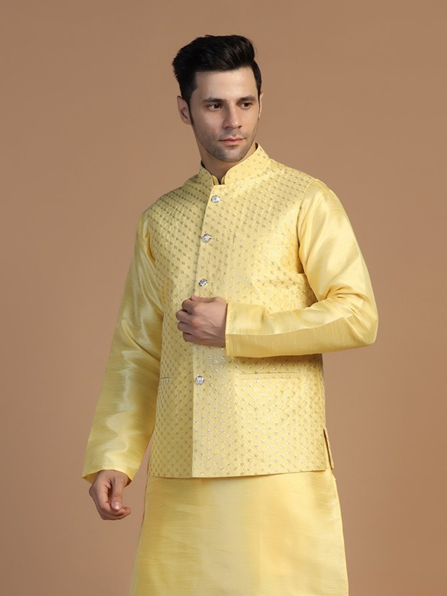 TAHVO Yellow Regular Fit Embroidered Nehru Jacket