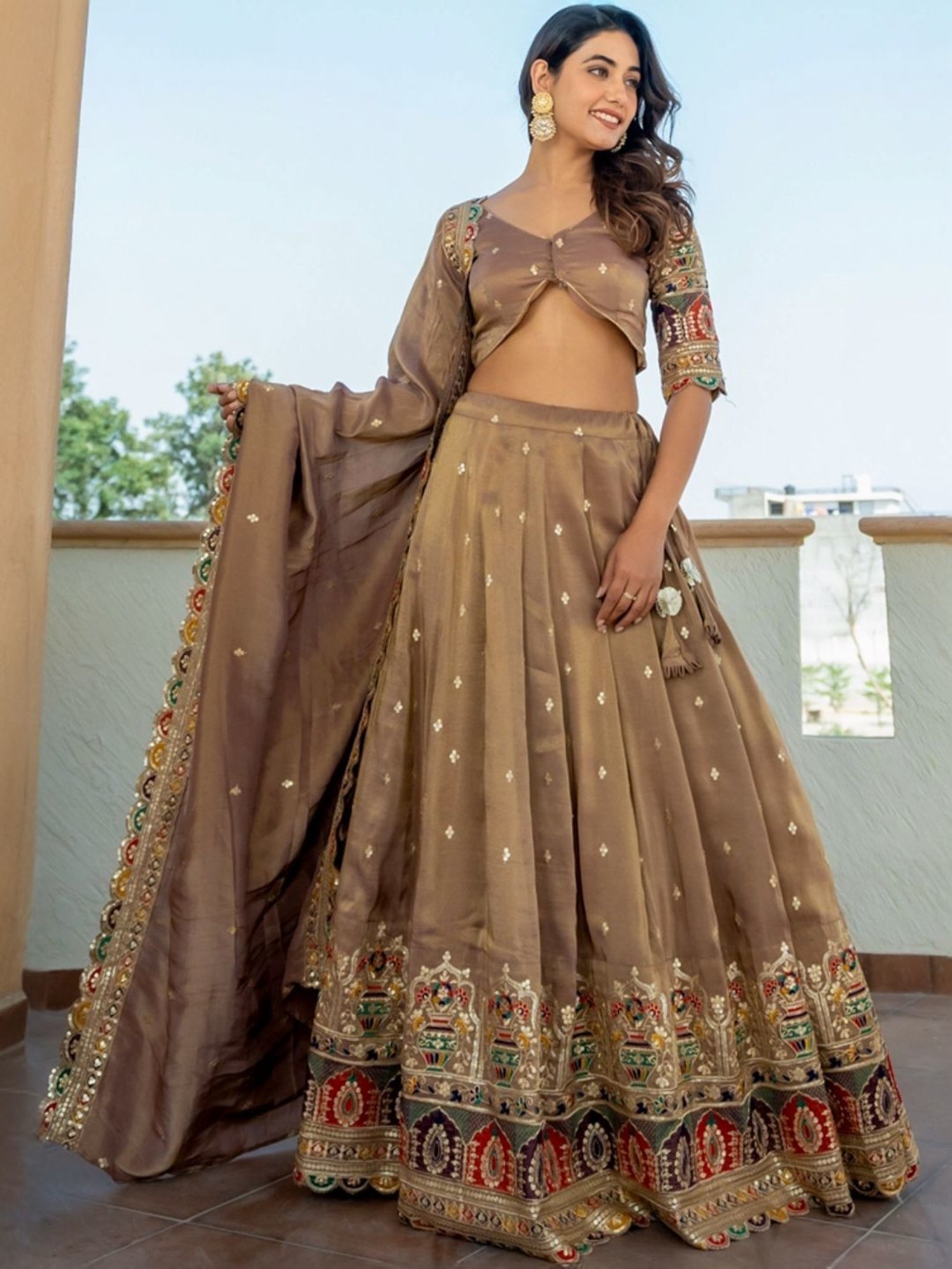 HOUSE OF JAMOTI Brown Embroidered Lehenga Choli Set With Dupatta