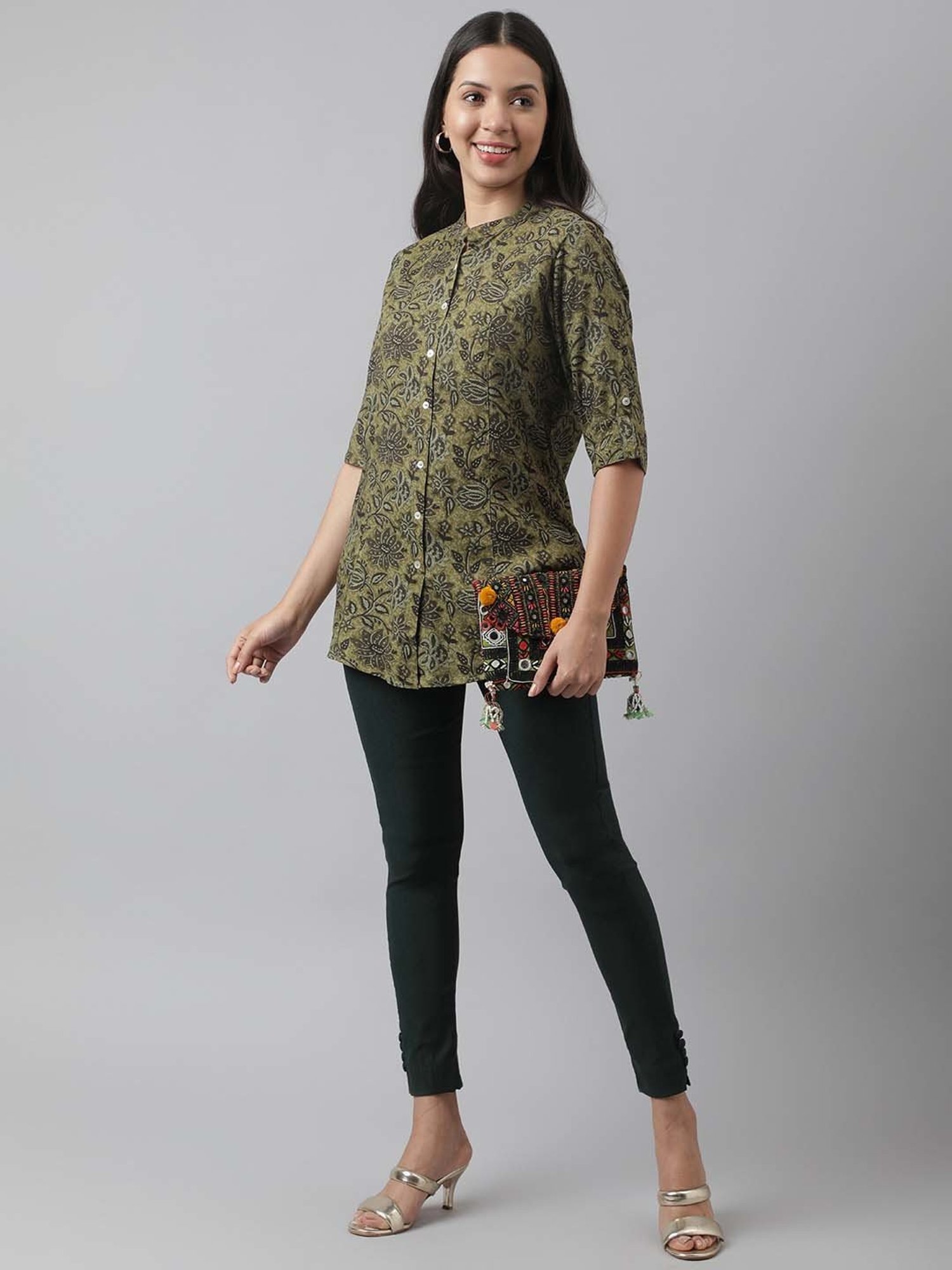 Divena Olive Green Cotton Floral Print Tunic