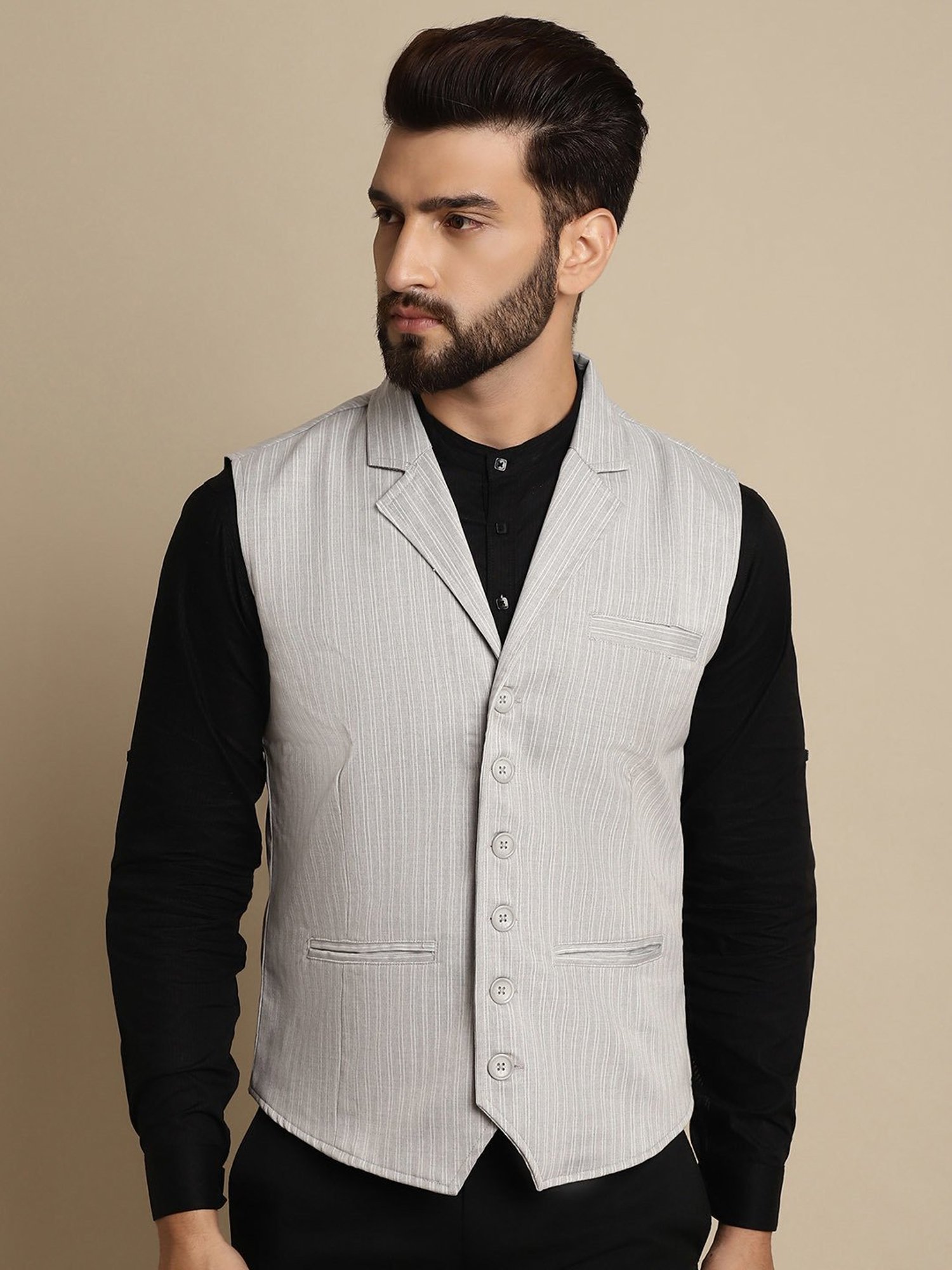 Even Grey Regular Fit Striped Notch Lapel Waistcoat