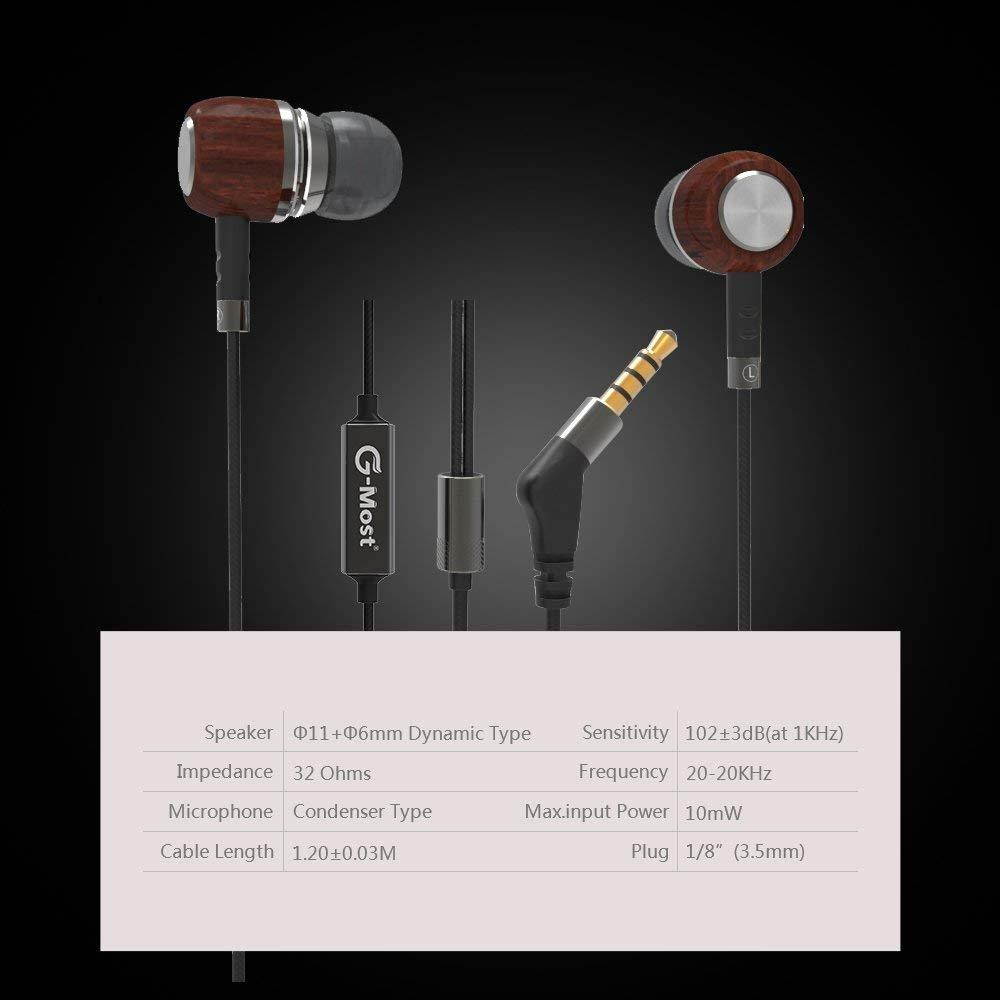 G-Most E8 Genuine Wood in Ear Headphones Earbuds with Microphone, Dual Dynamic Driver Earphones Noise-isolating Headset with Deep Bass and 1 Button Control for iPhone, iPad and Android Devices