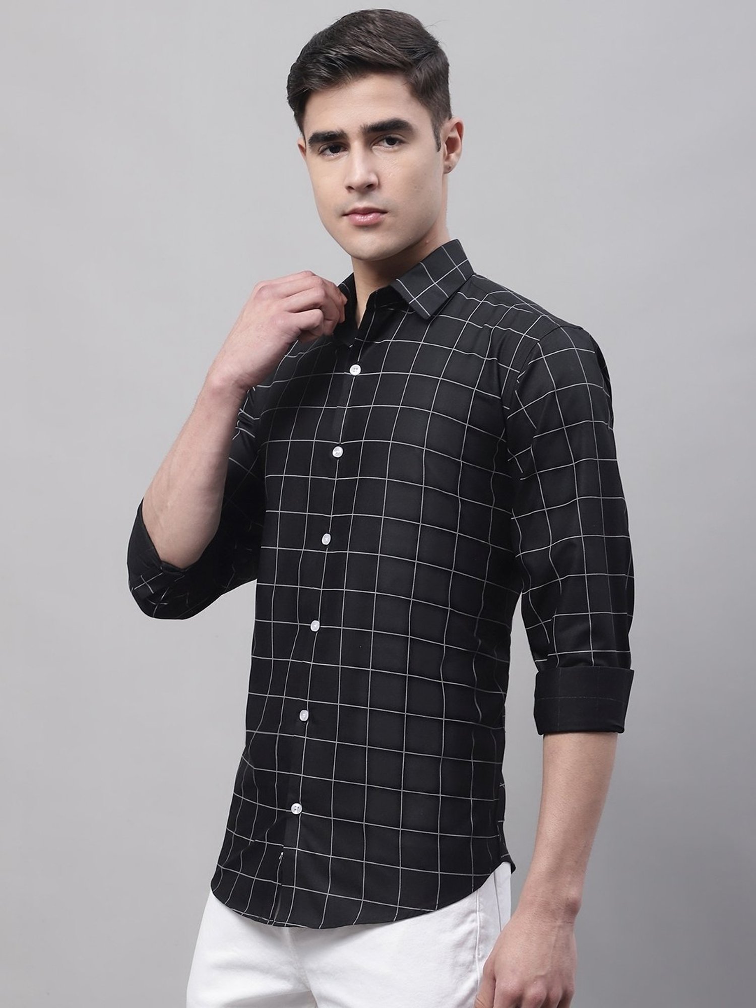 Jainish Black Cotton Regular Fit Checks Shirt