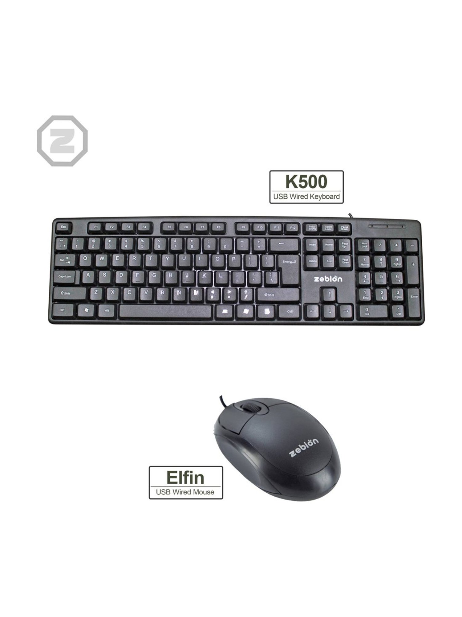 Zebion K500 Wired USB Desktop Keyboard & Elfin Mouse Combo (Black)