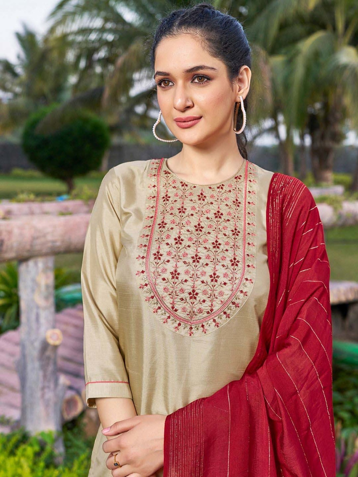 Skylee Beige Embroidered Kurta Pant Set With Dupatta