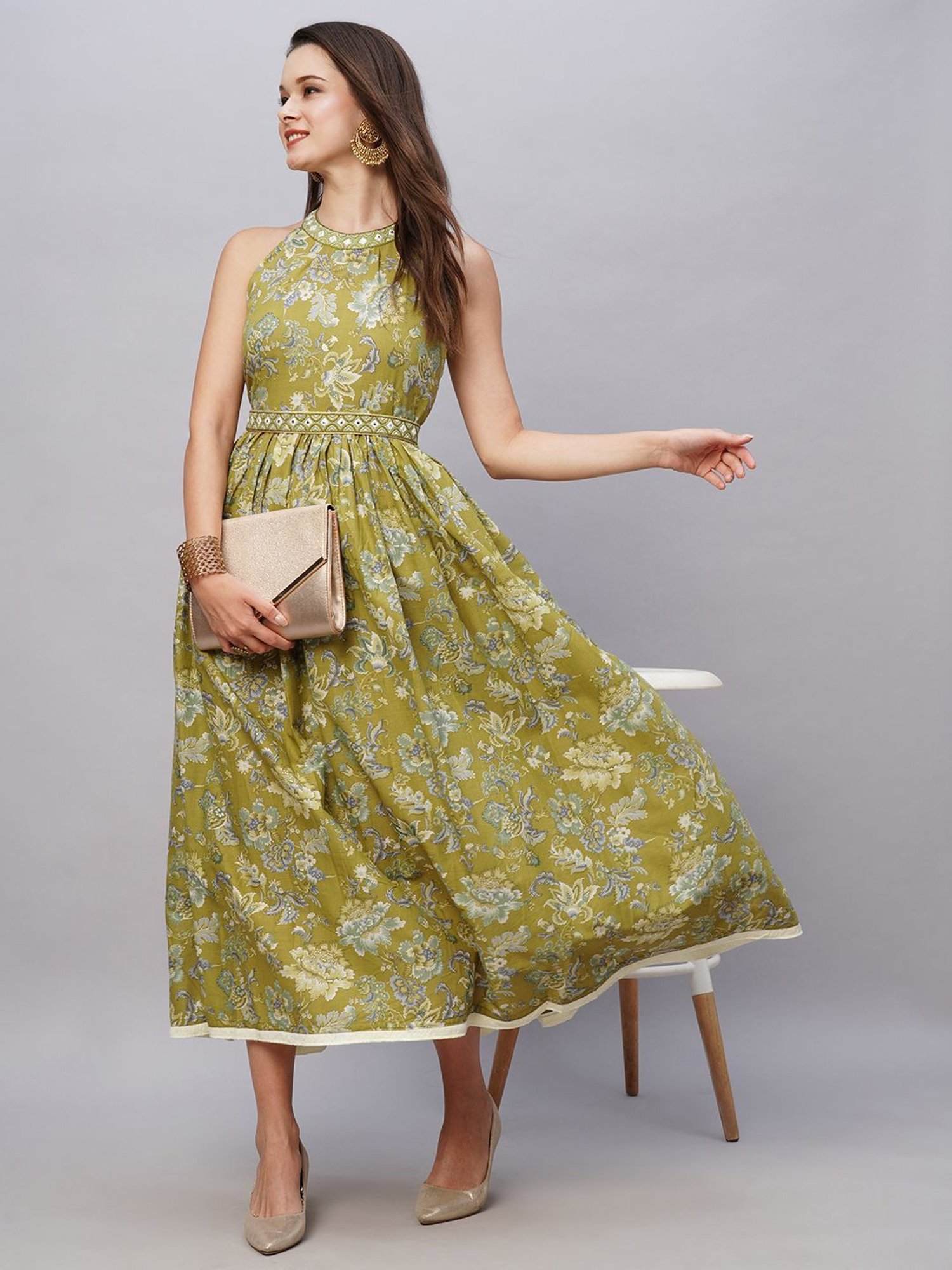 KIANA Green Cotton Printed Maxi Dress