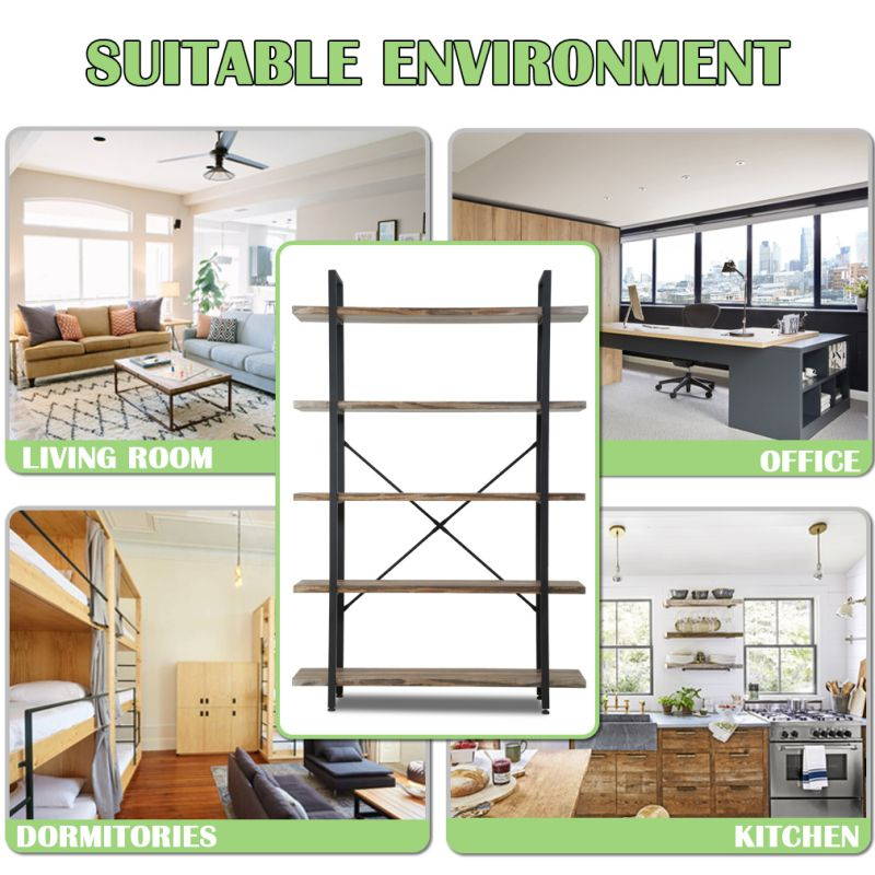 5-Tier Solid wood bookcase industrial Rustic Vintage Open Storage Bookshelf With Metal Frame For Home Office Study,70.5-inch