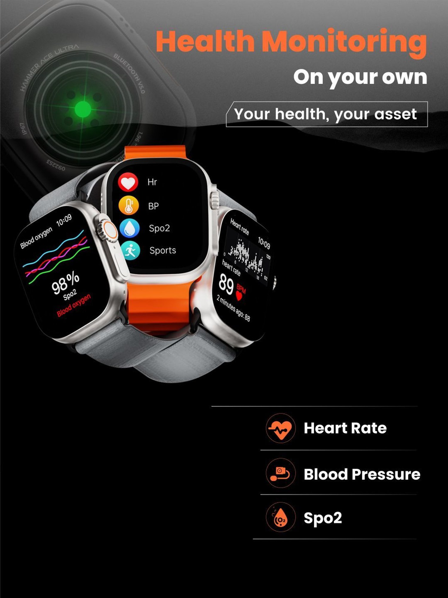 Hammer Ace Ultra Bluetooth Calling Smart watch with 2 Straps (Orange & Grey)