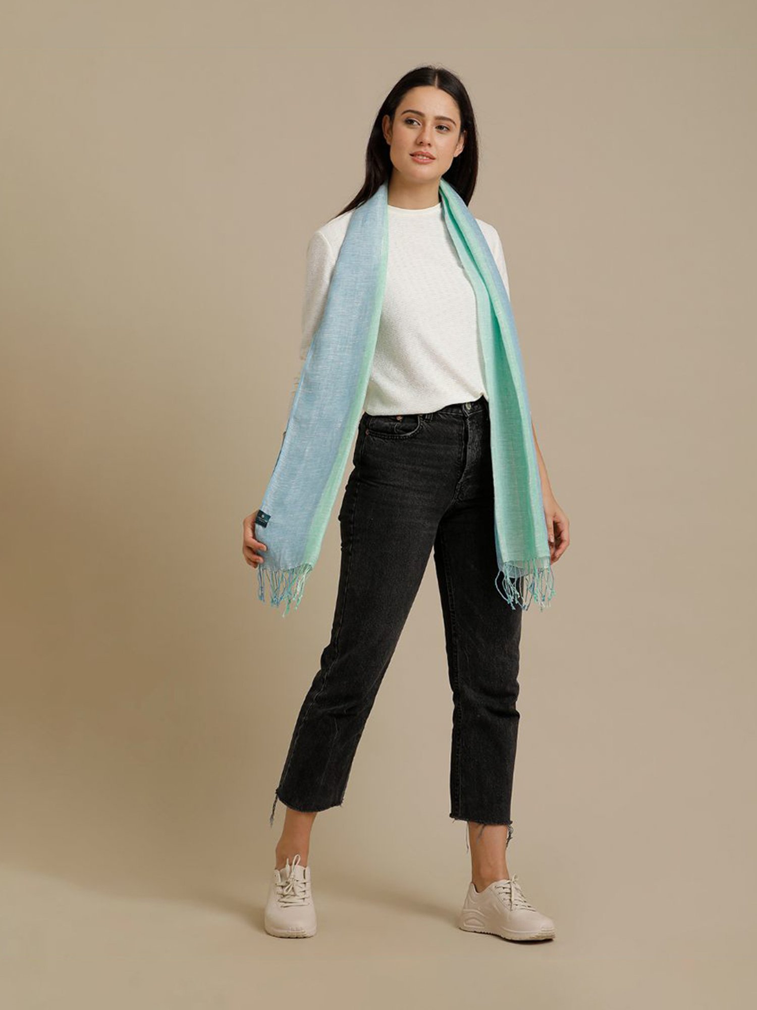 Linen Club Green Striped Pure Linen Stole