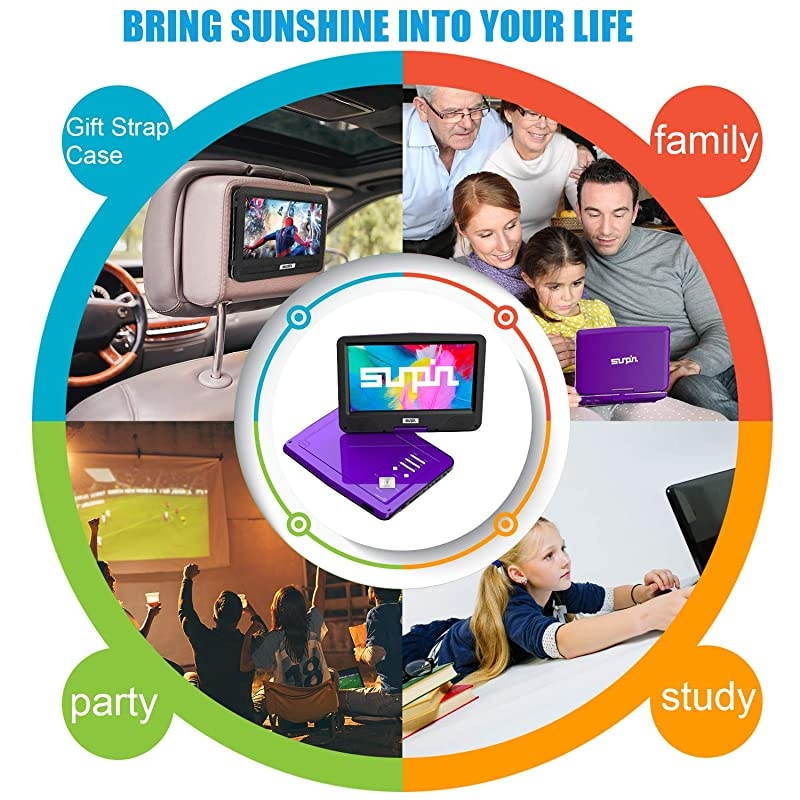 Portable DVD Player 12.5" with HD Swivel Screen,Long Lasting Battery, Support USB/SD Card/Sync TV and Multiple Disc Formats, with Car Charger &Power Adaptor & Car Headrest Mount Case, Purple