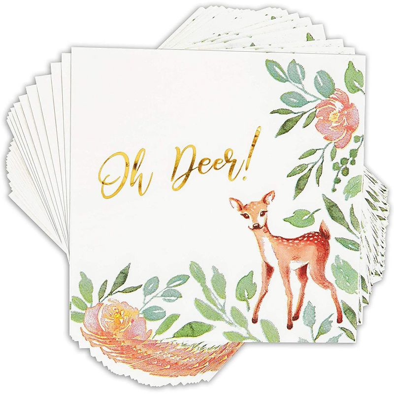 Sparkle and Bash 50 Pcs Disposable Paper Napkins Oh Deer Floral Girl Baby Shower 1 First Birthday Party Supplies