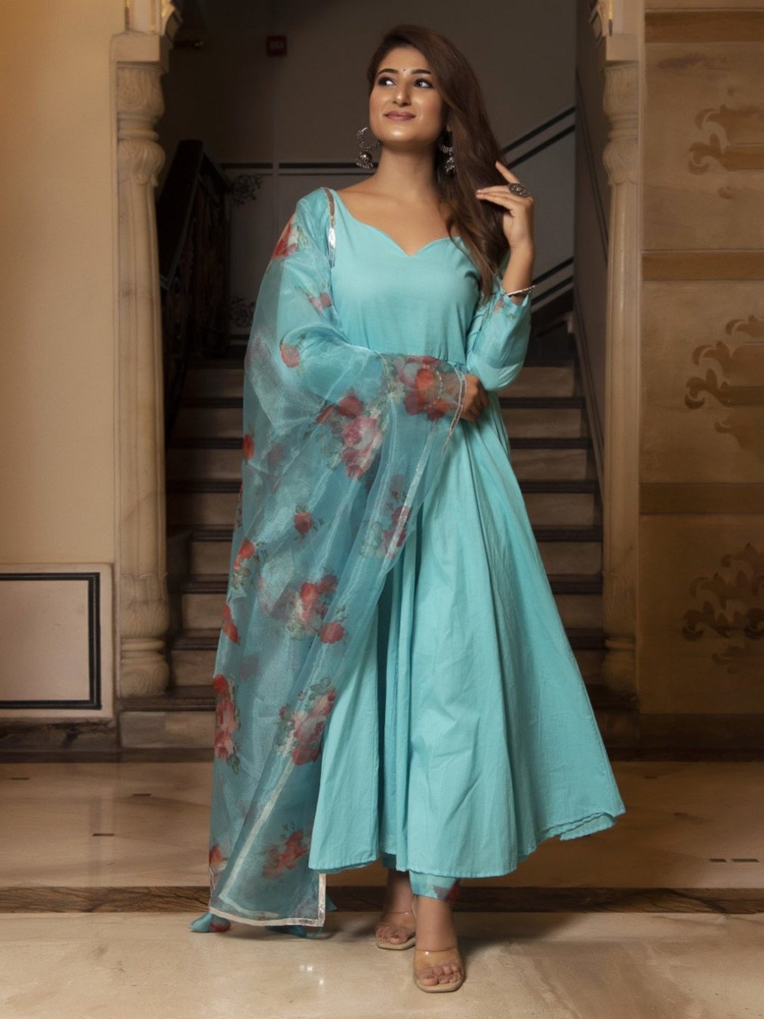 Calmna Flamingo Blue Floral Anarkali Suit Set